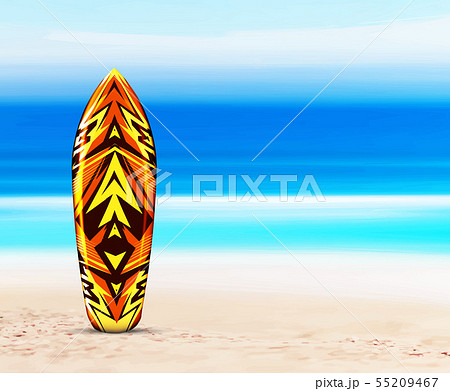 Surfboard on the beach, against the background of the sea or ocean. Vector illustration in a 55209467