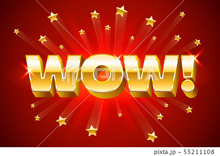 Gold wow inscription on red background or banner with stars, emotion expression, vector illustration 55211108