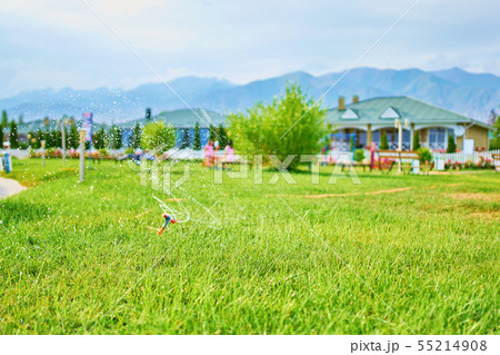 Green field with sprinkler. Green field with sprinkler. 55214908