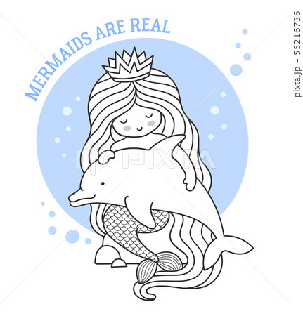 Little mermaid holding dolphin, sitting on a rock. Little mermaid holding dolphin, sitting on a rock. 55216736