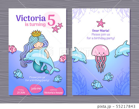 Birthday party invitation card with mermaid. 55217843