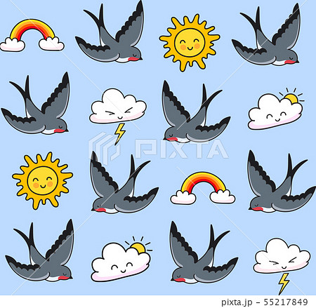 Grey swallows, smiling clouds, rainbow, sun. Grey swallows, smiling clouds, rainbow, sun. 55217849
