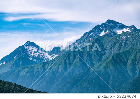 High mountains with green slopes and snowy peaks. High mountains with green slopes and snowy peaks. 55224674