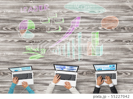 Top view of businesspeople sitting at table and using gadgets 55227042