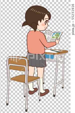 教室 机 椅子 音読する子供のイラスト素材