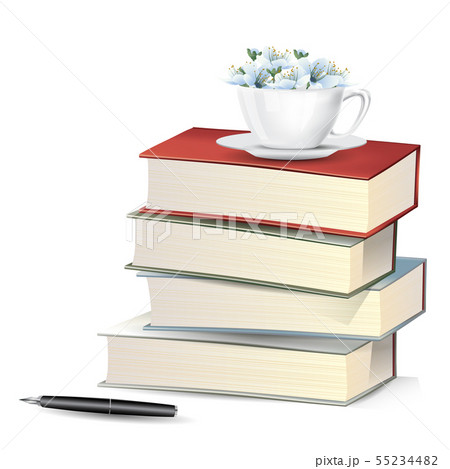 blue flower in cup on books pile with pen blue flower in cup on books pile with pen 55234482