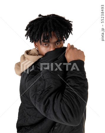 Black man hiding behind his jacket Black man hiding behind his jacket 55238493