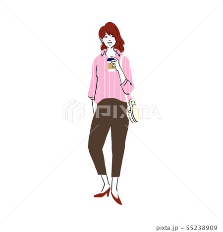 街中でコーヒーを飲む若い女性のイラスト素材 街中でコーヒーを飲む若い女性のイラスト素材