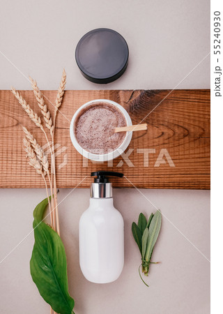 Close-up products of hair and scalp care products. Flat lay, minimalism Concept of natural hair care Close-up products of hair and scalp care products. Flat lay, minimalism Concept of natural hair care 55240930