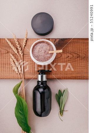 Flat lay composition of spa treatments and body care. Healthy body care Flat lay composition of spa treatments and body care. Healthy body care 55240991