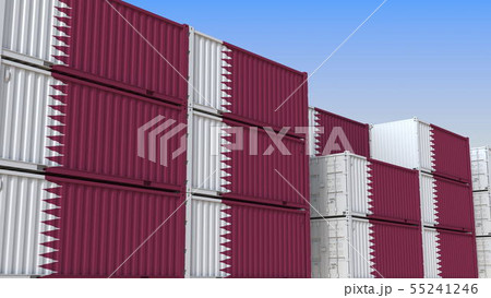 Container yard full of containers with flag of Qatar. Qatari export or import related 3D rendering Container yard full of containers with flag of Qatar. Qatari export or import related 3D rendering 55241246