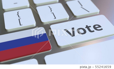 VOTE text and flag of Russia on the buttons on the computer keyboard. Election related conceptual 3D VOTE text and flag of Russia on the buttons on the computer keyboard. Election related conceptual 3D 55241659