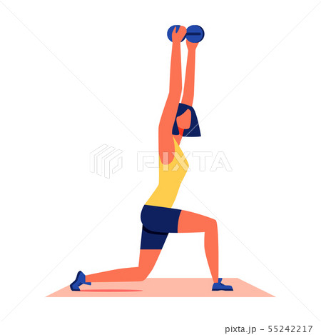 Woman Crouches with Dumbbells on White Background. Woman Crouches with Dumbbells on White Background. 55242217