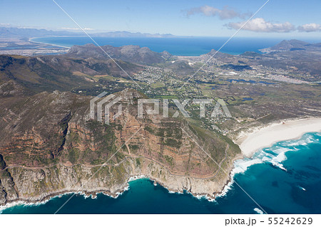 Aerial view of Cape point with lighthouse and Cape of Good Hope from a helicopter. Panorama of South Aerial view of Cape point with lighthouse and Cape of Good Hope from a helicopter. Panorama of South 55242629