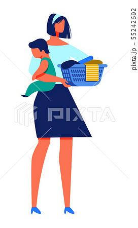 Woman with Baby in Hand Hold Basket with Laundry. Woman with Baby in Hand Hold Basket with Laundry. 55242692