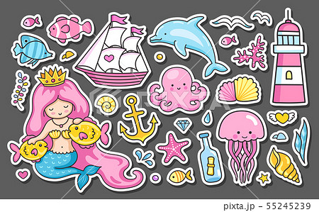 Set of summer sea stickers. Set of summer sea stickers. 55245239