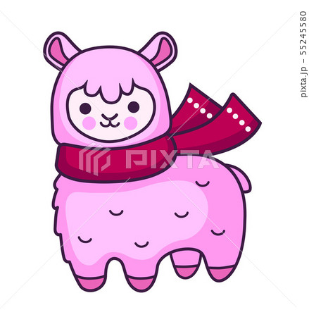 Pink cartoon alpaca with scarf. Pink cartoon alpaca with scarf. 55245580