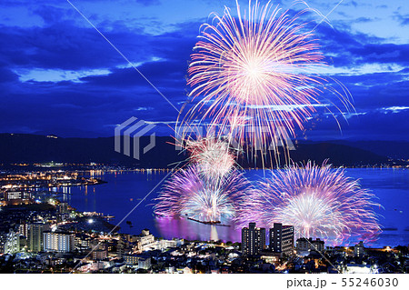 長野県 諏訪湖の花火大会の写真素材