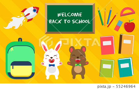 Back to school. Vector set of education icons in kawaii style. Bunny and bear with bow tie, green 55246964