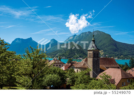 Annecy lake with houses and belfry in Talloires 55249070