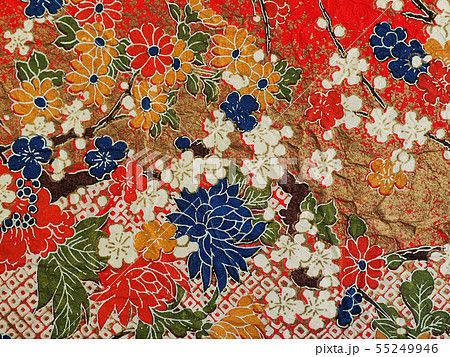 和紙　総柄友禅　手漉き和紙　赤系　花・鹿の子 55249946