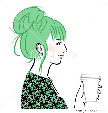 コーヒーを飲みながら横を向いている若い女性のイラスト素材