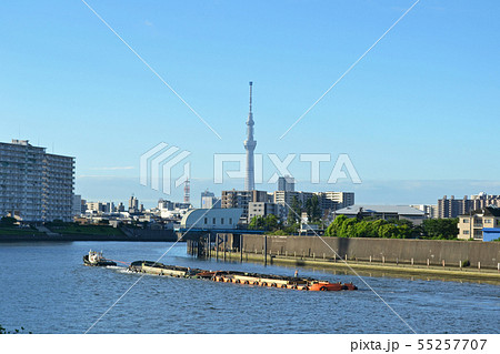 足立区千住側から下流方向見た隅田川　スカイツリーと運搬船と下町の都市景観 55257707
