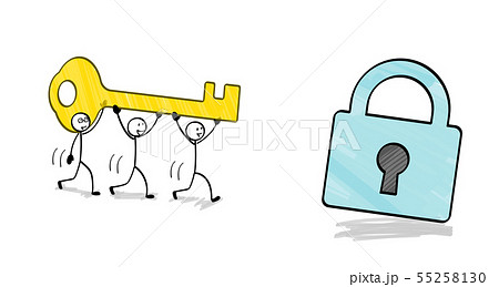 鍵を運ぶ三人と施錠のイラスト素材