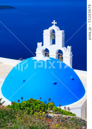 Sea and white and blue church, Santorini, Greece Sea and white and blue church, Santorini, Greece 55263678