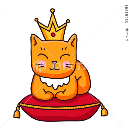 Ginger cat with crown sitting on royal pillow. 55263693