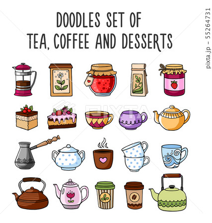 Set of colored sketches of teapots, cups, tea. Set of colored sketches of teapots, cups, tea. 55264731