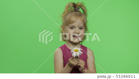 Positive blonde girl in purple dress holds chamomile flower. Chroma Key 55266011