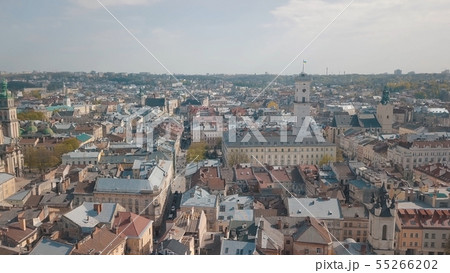 Aerial City Lviv, Ukraine. European City. Popular areas of the city. Town Hall Aerial City Lviv, Ukraine. European City. Popular areas of the city. Town Hall 55266202
