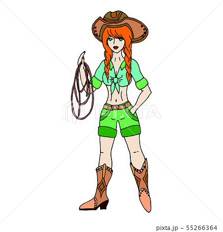 Redhead cowgirl with lasso. Vector illustration. 55266364