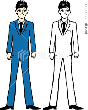 サラリーマン 会社 人物 男性 スーツ 青い 若い 線画 商社マン 全身 正面 立っているacのイラスト素材