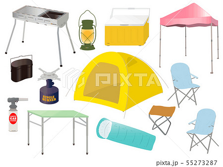 キャンプ用品セットのイラスト素材