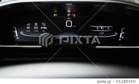 Car dashboard panel with speedometer, tachometer, odometer, fuel gauge and gear position indicator. 55280350