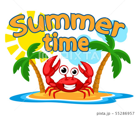 Happy crab on an island. Summer time, logo. 55286957