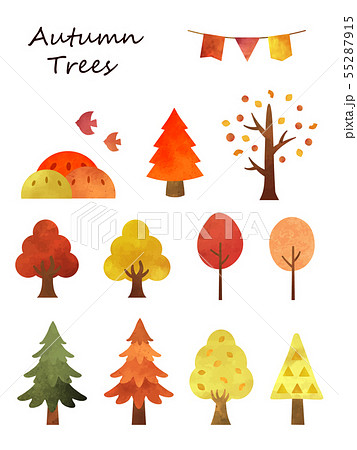 秋の水彩樹木イラストセットのイラスト素材