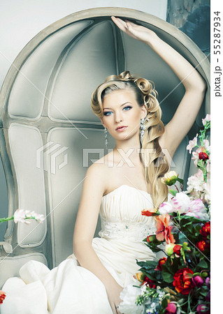 beauty young bride alone in luxury vintage interior with a lot of flowers, makeup and creative beauty young bride alone in luxury vintage interior with a lot of flowers, makeup and creative 55287934