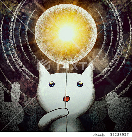 輝く風船を手に持つ白猫さんと動物達の影のイラスト素材 5527