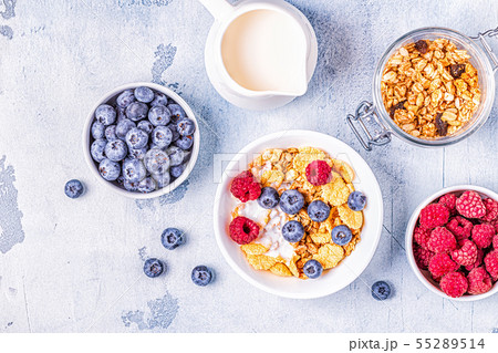 Healthy breakfast, muesli, cereal with fruit. 55289514