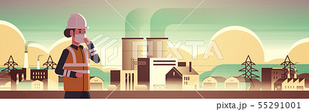 female engineer in mask working on factory industrial zone plant with pipes and chimney power female engineer in mask working on factory industrial zone plant with pipes and chimney power 55291001