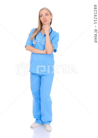 Doctor woman or nurse isolated over white background. Cheerful smiling medical staff representative Doctor woman or nurse isolated over white background. Cheerful smiling medical staff representative 55291289
