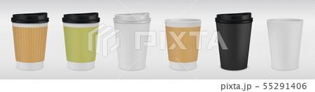 Realistic paper coffee cup. White and brown 3D mug mock up for hot drinks on transparent background 55291406