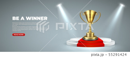 Business or sport award on Illuminated podium. Cup prize trophy on round stages with red carpet Business or sport award on Illuminated podium. Cup prize trophy on round stages with red carpet 55291424