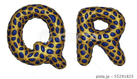 Letter set Q, R made of realistic 3d render golden shining metallic. 55291825