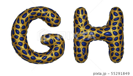 Letter set G, H made of realistic 3d render golden shining metallic. 55291849