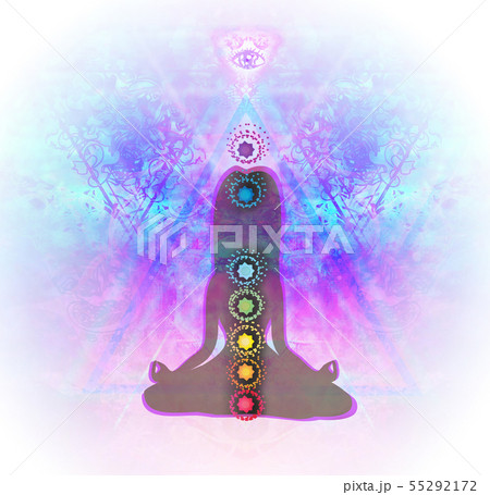 Yoga lotus pose. Padmasana with colored chakra Yoga lotus pose. Padmasana with colored chakra 55292172