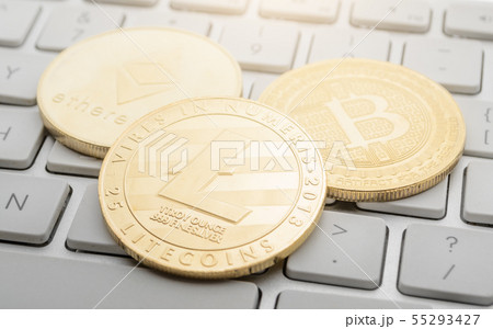 Litecoin, Bitcoin, Ethereum on the keyboard Litecoin, Bitcoin, Ethereum on the keyboard 55293427